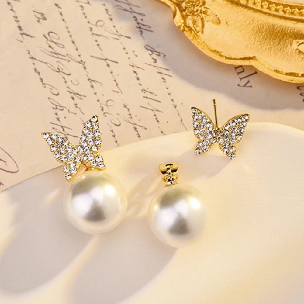 💎122💎 Goldtone‎ Diamond Butterfly Pearl Earrings - Picture 8 of 16